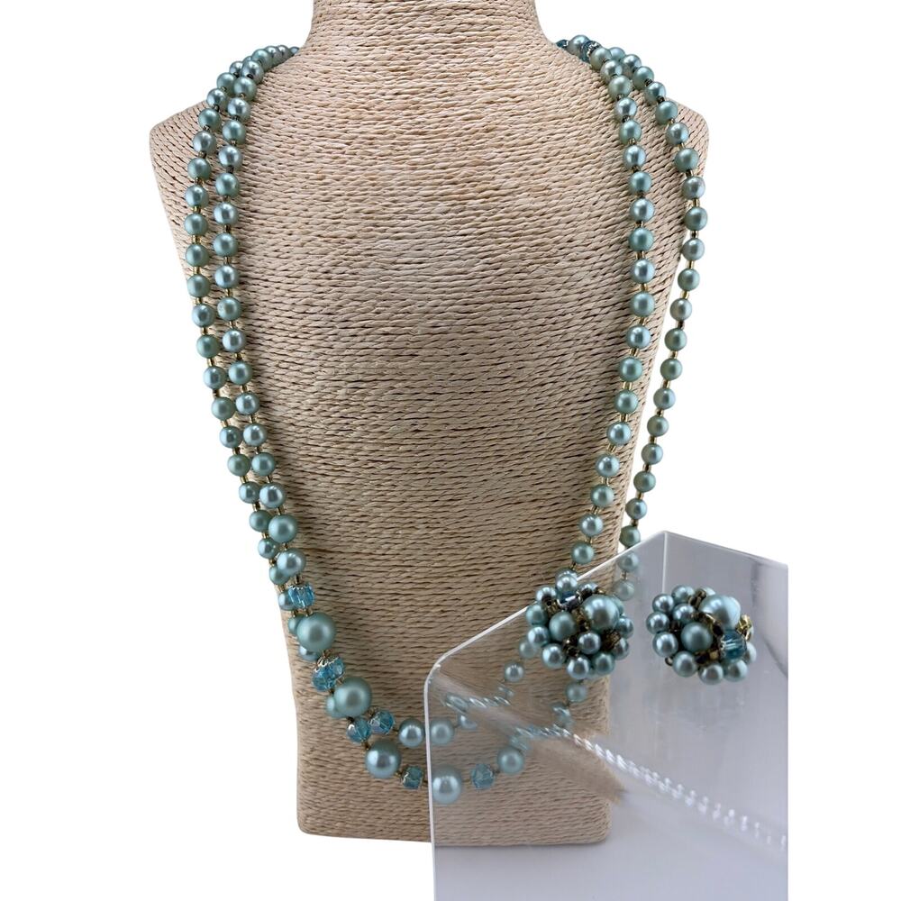 Vintage Mid-Century Japanese Faux Pearl Necklace and Cluster Earrings Set